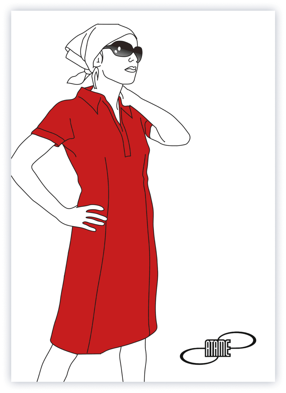 Lineare, schlicht gehaltene Mode-Illustration mit Fokus auf die Bekleidung. Rotes Kleid mit Hemdkragen. Gezeichnet für eine Einladungskarte für Boutique Atame in Zürich